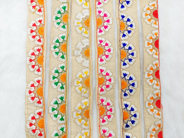 Beige Art Silk Lace Trim in Floral Embroidery, Decorative Trim, Trim By 3 Yards